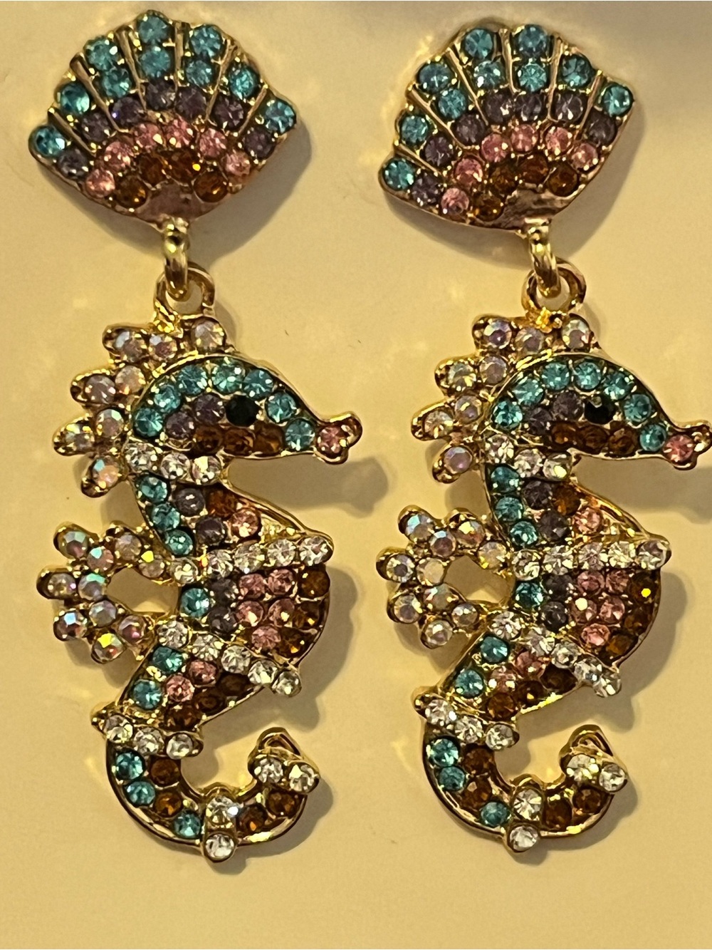 Blue Pink Iridescent Crystal Seahorse Earrings Goldtone Beach Resortwear Travel